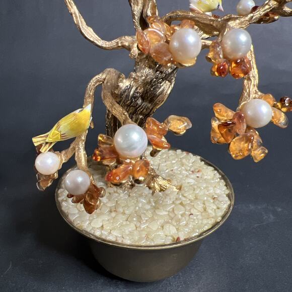 VTG Swoboda Metal Trunk – Carnelian, Pearl, Porcelain Birds – Bonsai Tree – Bras - Picture 3 of 10